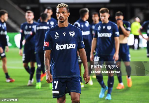 Nani of the Victory leaves the ground after the round six A-League Men's match between Adelaide United and Melbourne Victory at Coopers Stadium, on...
