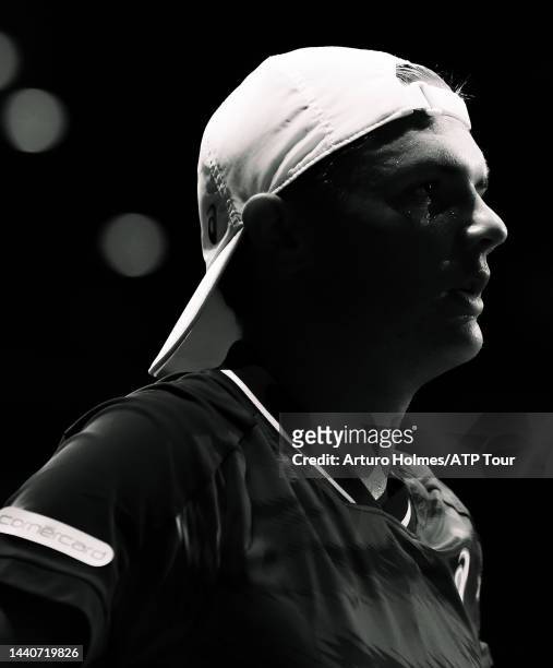 Dominic Stricker is seen on center court during day one of the Next Gen ATP Finals at Allianz Cloud on November 08, 2022 in Milan, Italy.