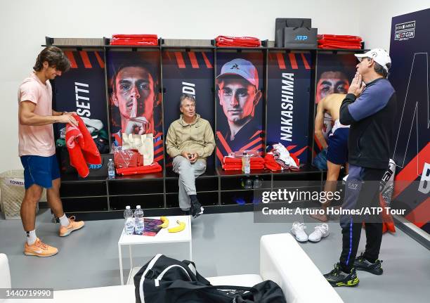 Lorenzo Musetti is seen with his team in the locker room after a win during day one of the Next Gen ATP Finals at Allianz Cloud on November 08, 2022...