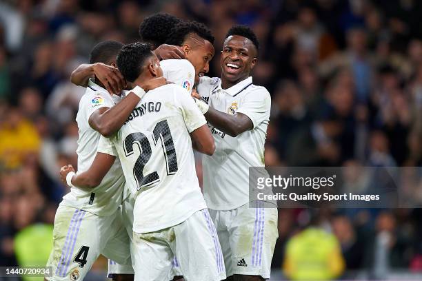 Eder Militao of Real Madrid CF celebrates with team mates after scoring his team's first goal during the LaLiga Santander match between Real Madrid...