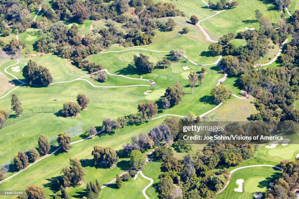 Aerial view of Ojai Valley Inn Country Club Golf Course in Ventura County, Ojai, California