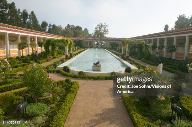 Colonnade and long pool of the Getty Villa, Malibu Villa of the J, Paul Getty Museum in Los Angeles, California