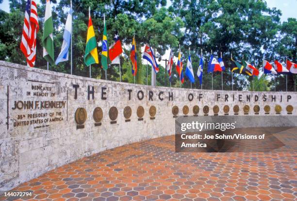 The Torch of Friendship and international flags at Bayside Park, Miami, Florida