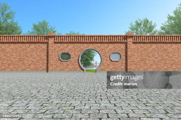 chinese style, red brick enclosure - chinese window pattern stockfoto's en -beelden