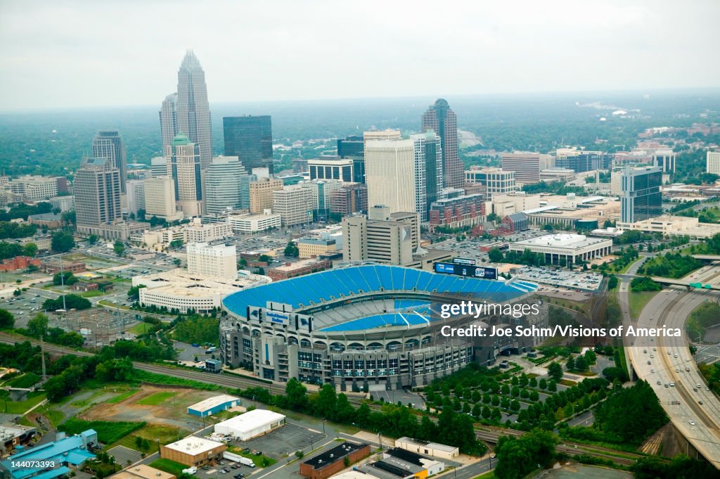 Aerial view of Ericcson Stadium and Charlotte, NC