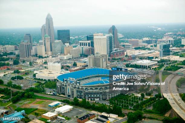 Aerial view of Ericcson Stadium and Charlotte, NC