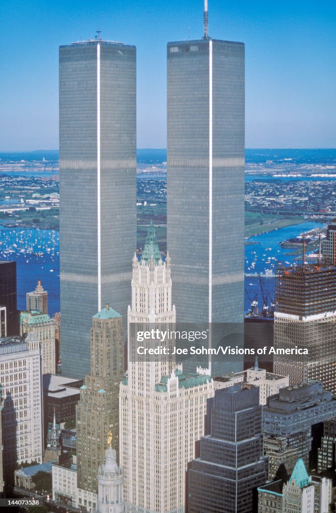 Aerial view of World Trade Towers, New York City, NY