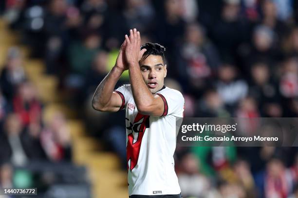 Radamel Falcao of Rayo Vallecano de Madrid reacts during the LaLiga Santander match between Rayo Vallecano and RC Celta at Campo de Futbol de...