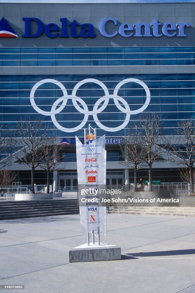 Olympic rings on side of Delta Center during 2002 Winter Olympics, Salt Lake City, UT