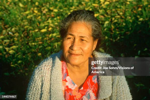 Samoan woman smiling with the sun on her face, Garden Grove, CA