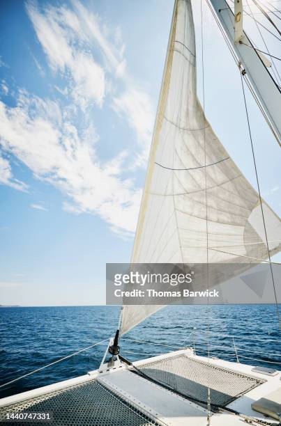 wide shot of jib and bow of catamaran sailing in the sea of cortes - sailing stock pictures, royalty-free photos & images