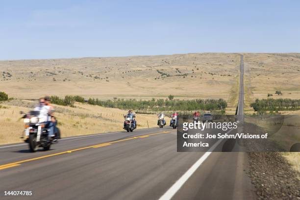 Motorcyclists on State highway 34 heading towards Sturgis South Dakota for the 67th Annual Sturgis Motorcycle Rally, Sturgis, South Dakota, August...