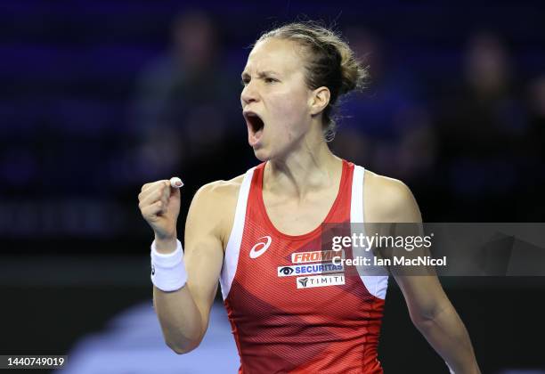 Viktorija Golubic of Switzerland celebrates winning a poin against Bianca Andreescu of Canada during the Billie Jean King Cup matc at Emirates Arena...
