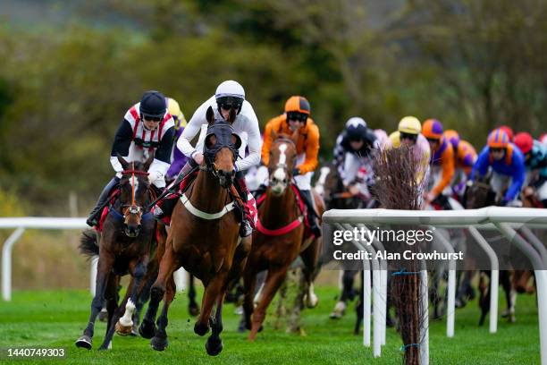 General view as runners turn into the straight during The Markel Insurance Conditional Jockeys' Handicap Hurdle at Cheltenham Racecourse on November...