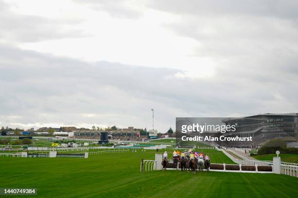 General view as runners make their way up straight during The Markel Insurance Conditional Jockeys' Handicap Hurdle at Cheltenham Racecourse on...
