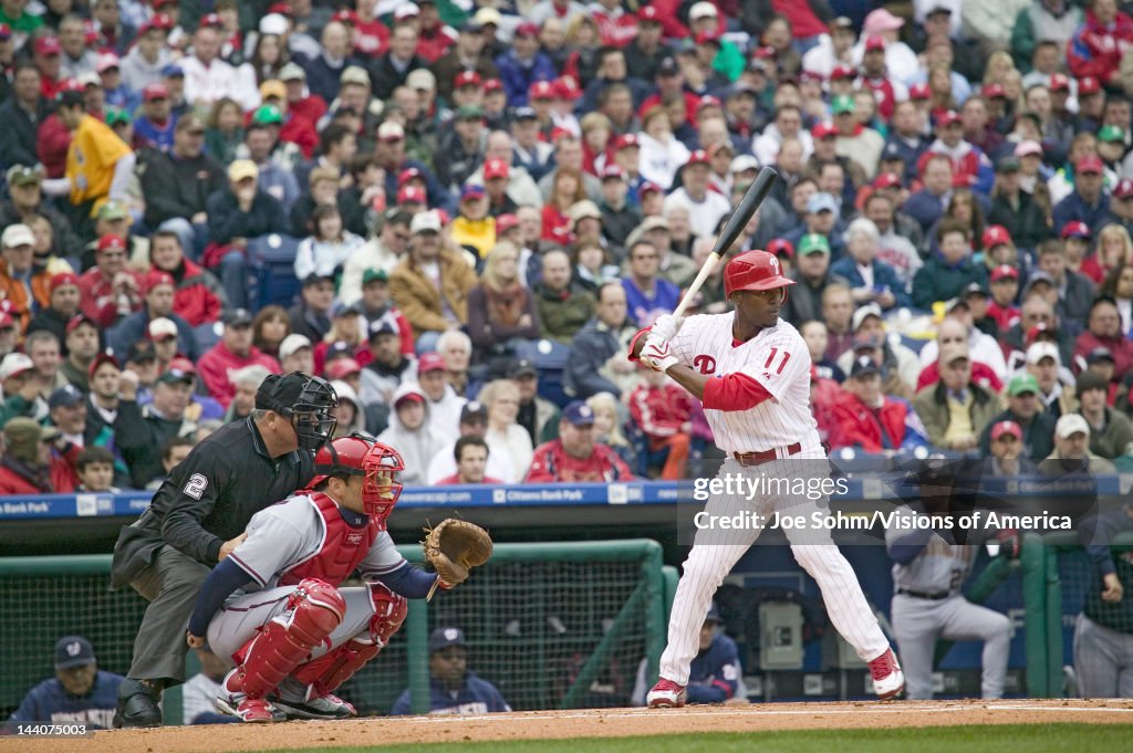 Major League baseball player for the Philadelphia Phillies, #11,Jimmy Rollins waiting for pitch during March 31, 2008 opening game against Washington Nationals, at Citizens Bank Park where 44,553 watch the Nationals defeat the Phillies 11 to 6.
