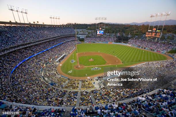 Grandstands overlooking home plate at National League Championship Series , Dodger Stadium, Los Angeles, CA on October 12, 2008