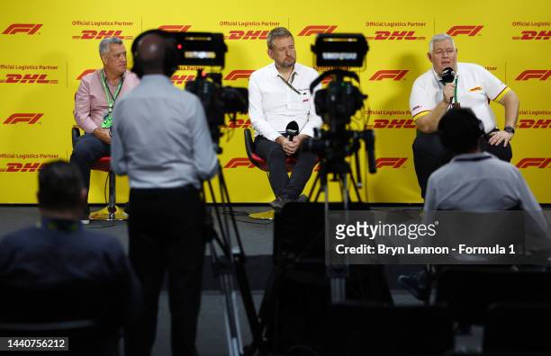 Claudio Ramos, Operations Manager Brazil at DHL, Steve Nielsen, F1 Sporting Director and John Williams, UK Operations Location Manager Motorsport at...