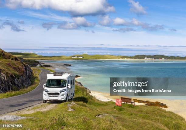 on tour with a camper van - parked with an ocean view - barra scotland stock pictures, royalty-free photos & images