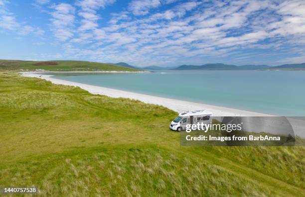 aerial view of a camper van - parked with a view - outer hebrides stock pictures, royalty-free photos & images