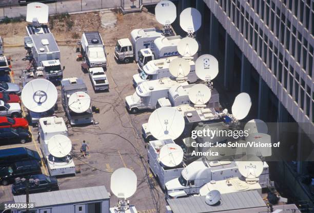 The media's satellite dishes covering the O.J. Simpson trial, Los Angeles, CA