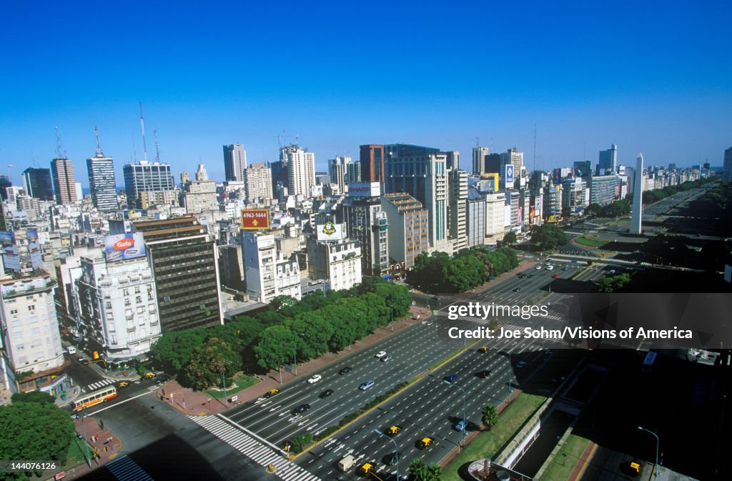 Avenida 9 de Julio, widest avenue in the world, and El Obelisco, The Obelisk, Buenos Aires, Argentina