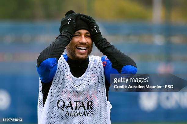 Neymar Jr reacts during a Paris Saint-Germain training session on November 11, 2022 in Paris, France.