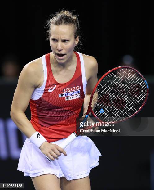 Viktorija Golubic of Switzerland celebrates winning a point against Bianca Andreescu of Canada during the Billie Jean King Cup matc at Emirates Arena...