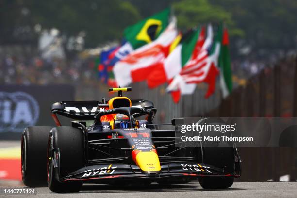 Sergio Perez of Mexico driving the Oracle Red Bull Racing RB18 in the Pitlane during practice ahead of the F1 Grand Prix of Brazil at Autodromo Jose...