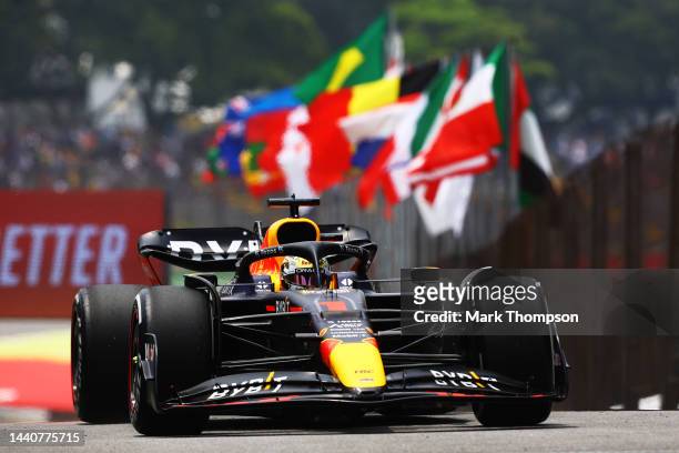 Max Verstappen of the Netherlands driving the Oracle Red Bull Racing RB18 in the Pitlane during practice ahead of the F1 Grand Prix of Brazil at...