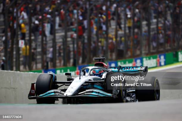 George Russell of Great Britain driving the Mercedes AMG Petronas F1 Team W13 in the Pitlane during practice ahead of the F1 Grand Prix of Brazil at...