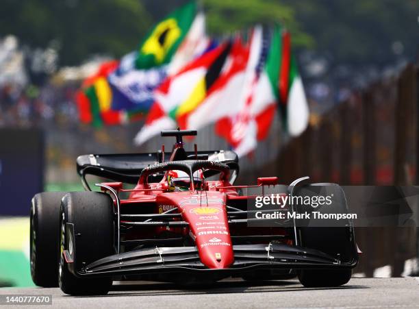 Charles Leclerc of Monaco driving the Ferrari F1-75 in the Pitlane during practice ahead of the F1 Grand Prix of Brazil at Autodromo Jose Carlos Pace...