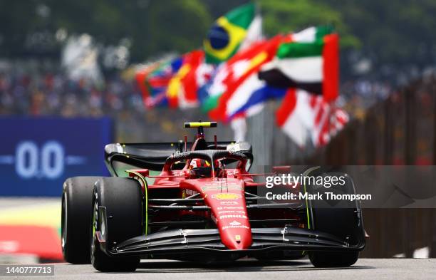 Carlos Sainz of Spain driving the Ferrari F1-75 in the Pitlane during practice ahead of the F1 Grand Prix of Brazil at Autodromo Jose Carlos Pace on...