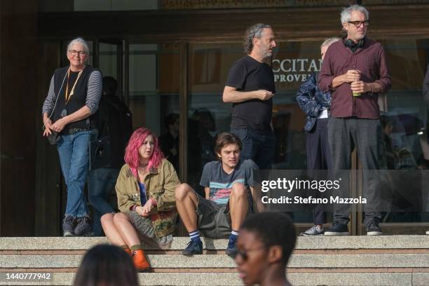 Mexican director Alfonso Cuarón, British actress Liv Hill and British actor Louis Partridge during a break in filming in Venice of an Apple Tv...