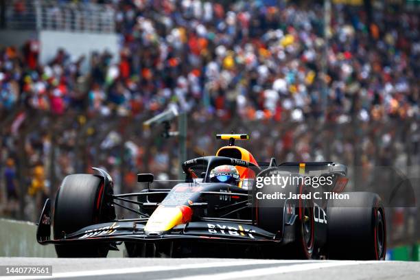 Sergio Perez of Mexico driving the Oracle Red Bull Racing RB18 in the Pitlane during practice ahead of the F1 Grand Prix of Brazil at Autodromo Jose...
