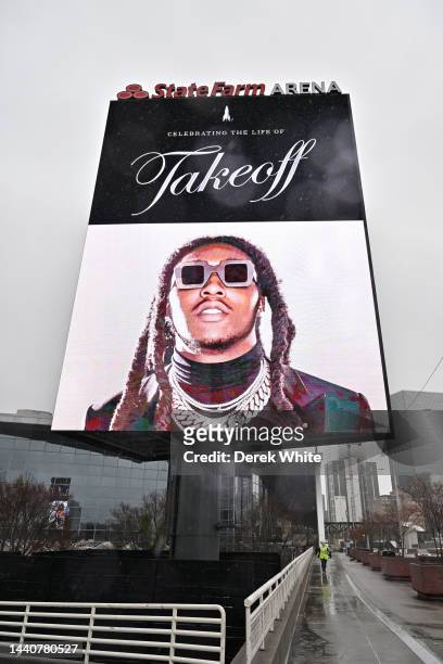 View of atmosphere during a Celebration of Life for Takeoff of Migos at State Farm Arena on November 11, 2022 in Atlanta, Georgia. Takeoff was...