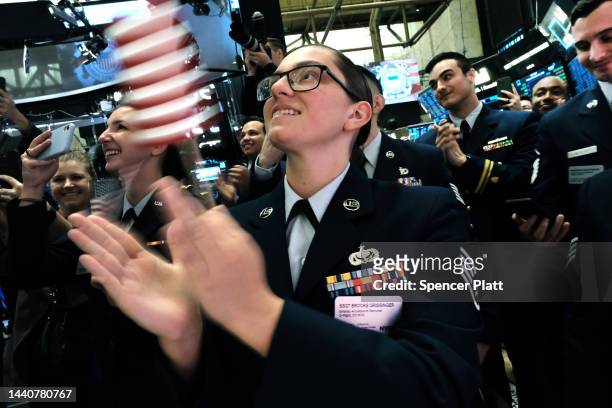 Members of the US Armed Forces visit the floor of the New York Stock Exchange on Veterans Day on November 11, 2022 in New York City. Stocks were...