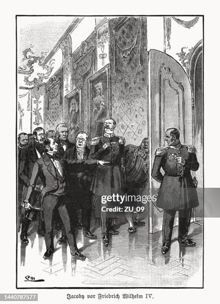 johann jacoby before prussian king friedrich wilhelm iv (1848) - castle interior stock illustrations
