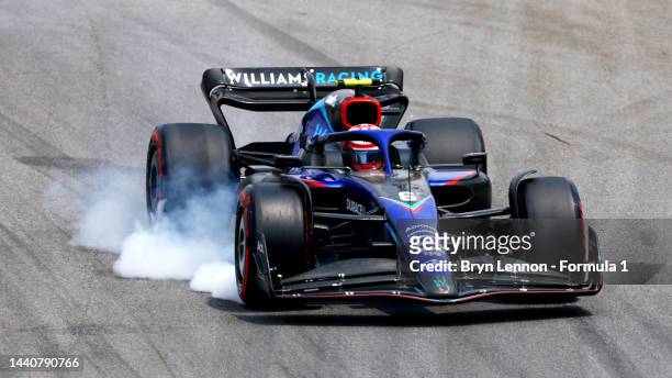 Nicholas Latifi of Canada driving the Williams FW44 Mercedes locks a wheel under braking during practice ahead of the F1 Grand Prix of Brazil at...