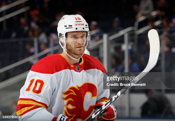 Jonathan Huberdeau of the Calgary Flames skates against the New York Islanders at the UBS Arena on November 07, 2022 in Elmont, New York.