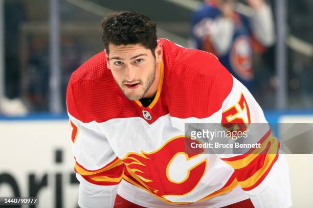 Nick DeSimone of the Calgary Flames pauses in warmups prior to playing in his first NHL game against the New York Islanders at the UBS Arena on...