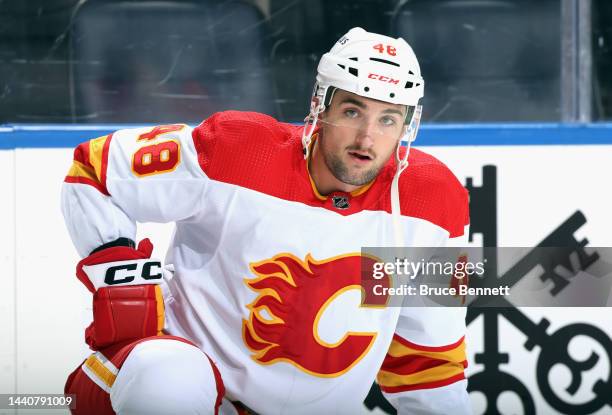 Dennis Gilbert of the Calgary Flames skates in warm-ups prior to the game against the New York Islanders at the UBS Arena on November 07, 2022 in...