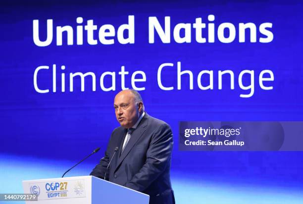 Sameh Shoukry, President of the UNFCCC COP27 climate conference, speaks at the COP27 conference on November 11, 2022 in Sharm El Sheikh, Egypt. The...