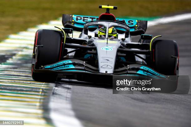 Lewis Hamilton of Great Britain driving the Mercedes AMG Petronas F1 Team W13 on track during practice ahead of the F1 Grand Prix of Brazil at...