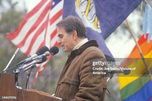 Political activist, Carl Sagan, speaking at rally, Washington DC