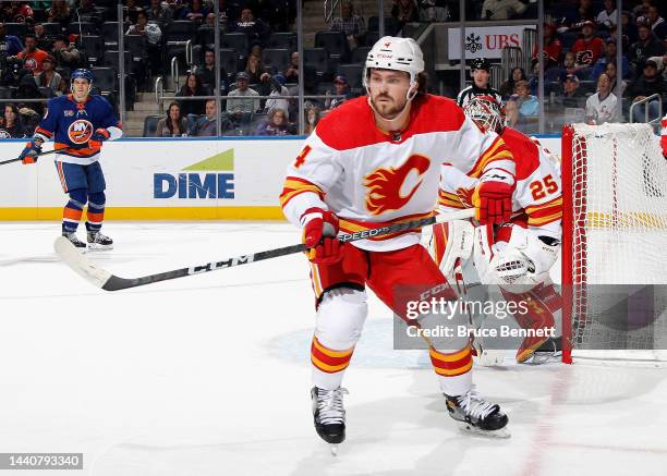 Rasmus Andersson of the Calgary Flames skates against the New York Islanders at the UBS Arena on November 07, 2022 in Elmont, New York.