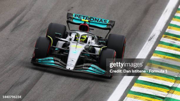 Lewis Hamilton of Great Britain driving the Mercedes AMG Petronas F1 Team W13 on track during practice ahead of the F1 Grand Prix of Brazil at...