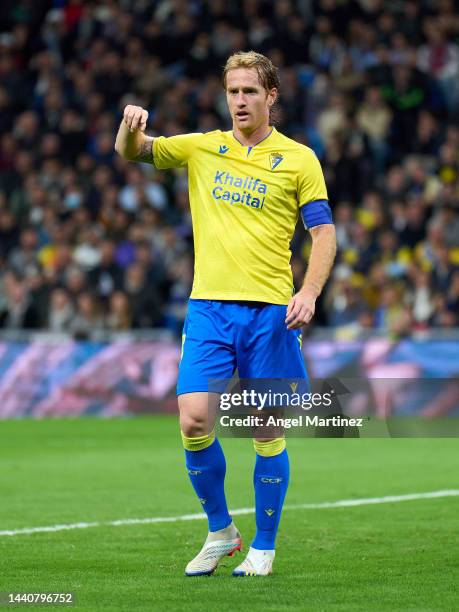 Alex Fernandez of Cadiz CF gestures during the LaLiga Santander match between Real Madrid CF and Cadiz CF at Estadio Santiago Bernabeu on November...