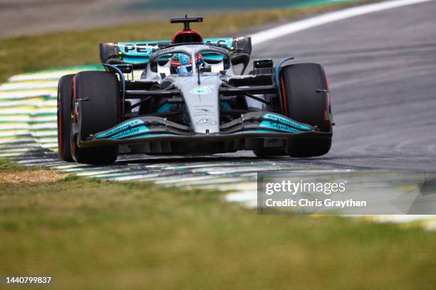 George Russell of Great Britain driving the Mercedes AMG Petronas F1 Team W13 on track during practice ahead of the F1 Grand Prix of Brazil at...