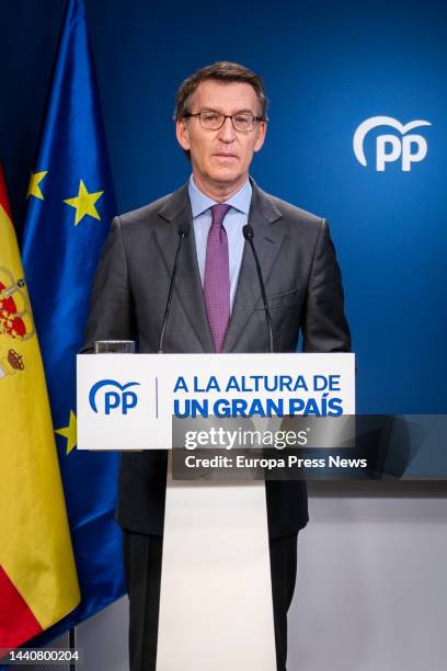 The president of the Popular Party , Alberto Nuñez Feijoo, appears to make an institutional statement to the media for the announcement of the...